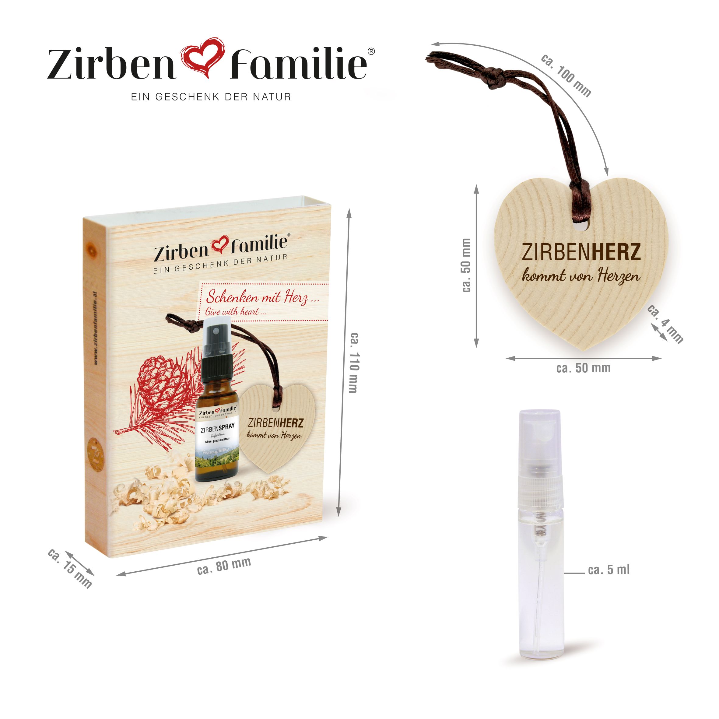 Zirbenherz & Zirbenholz Spray im Anhänger Set