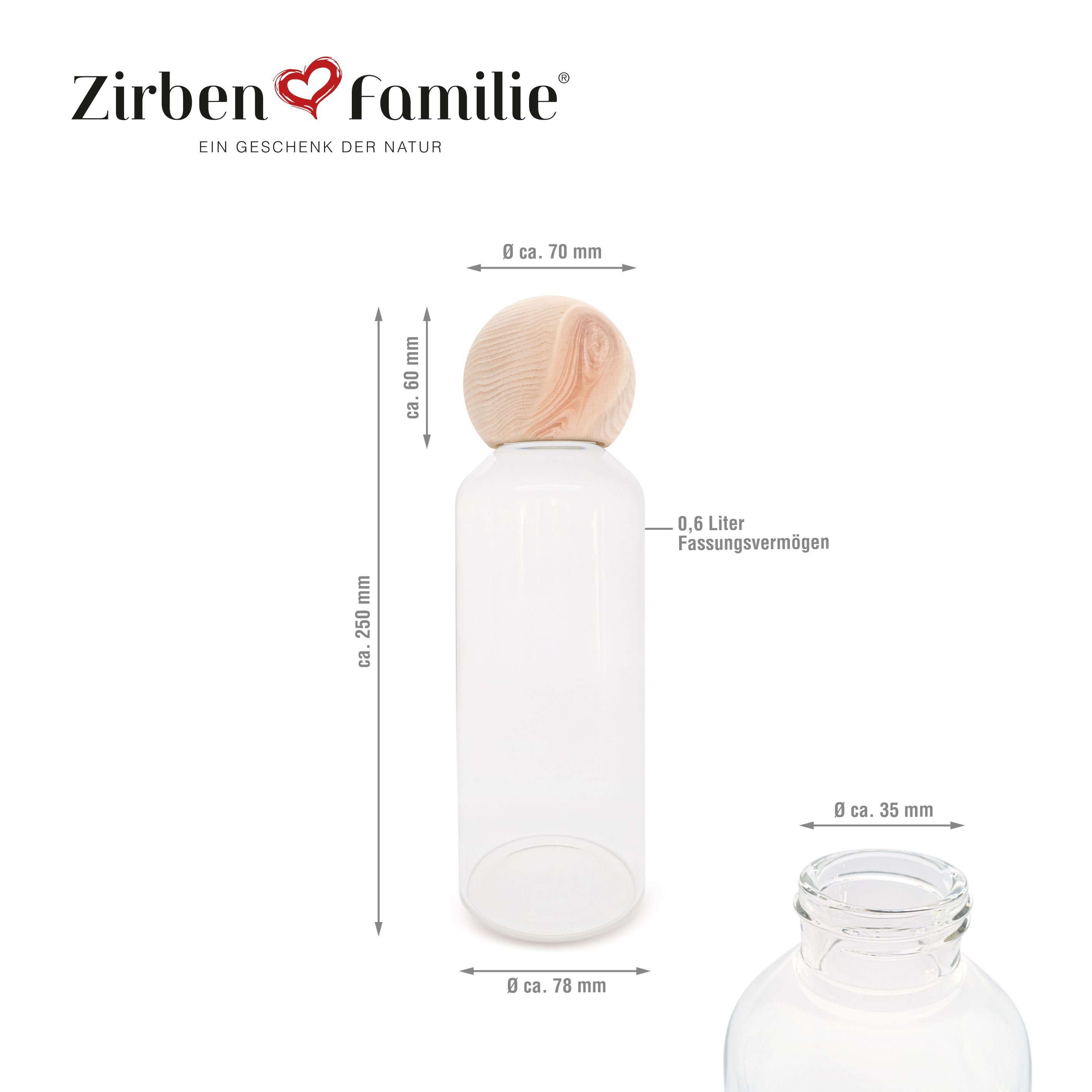 ZirbenManschgerl Trinkflasche 0,6 Liter mit Zirbenholzverschluss