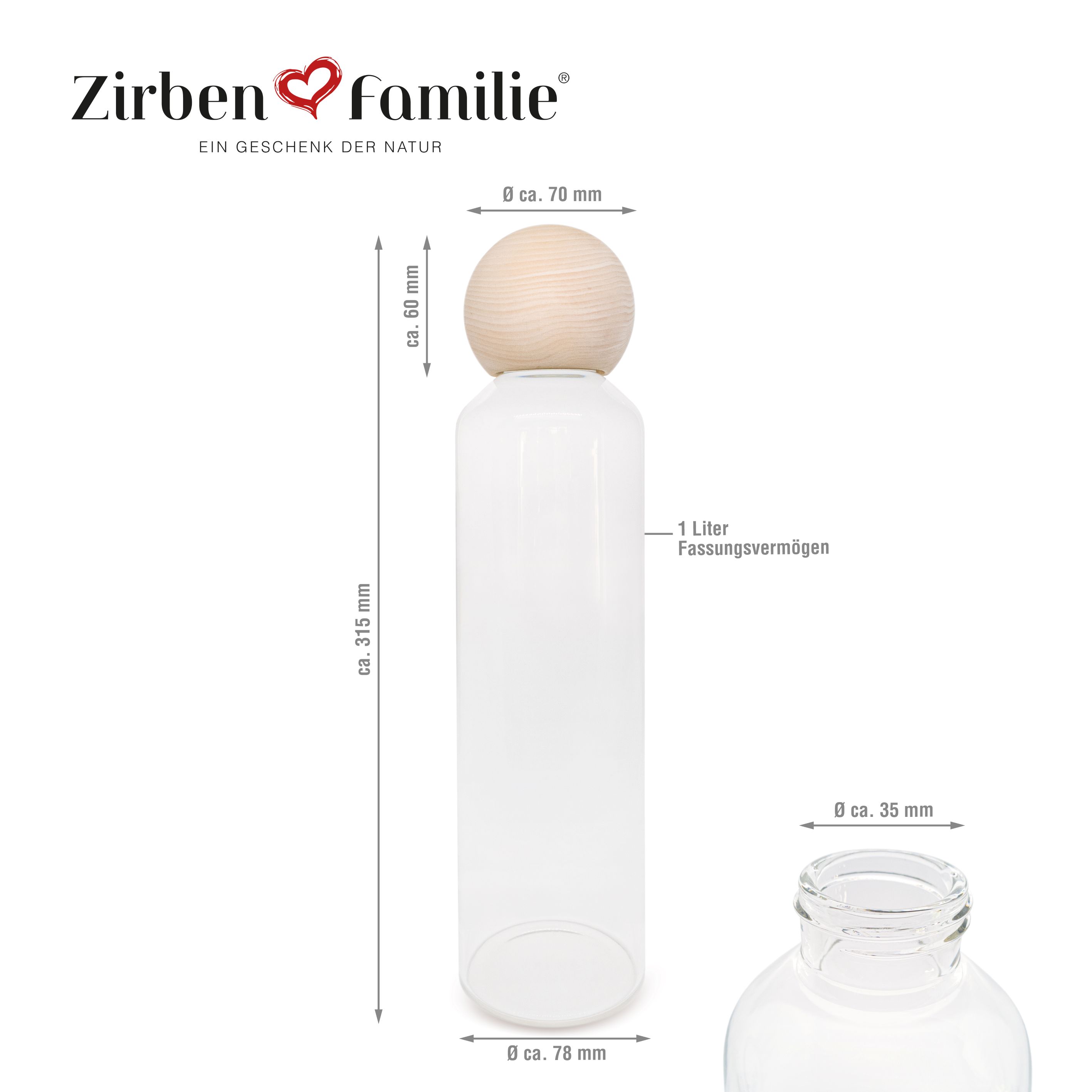 ZirbenManschgerl - Glas-Trinkflasche 1,0 Liter mit Zirbenkugel
